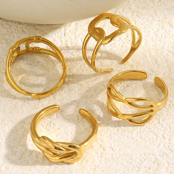 Wholesale Women's Niche Geometric Hollow Out Stainless Steel 18K Goldplated Double Knot Doublelayer Open Ring Jewelry Accessory