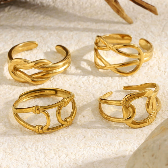 Wholesale Women's Niche Geometric Hollow Out Stainless Steel 18K Goldplated Double Knot Doublelayer Open Ring Jewelry Accessory