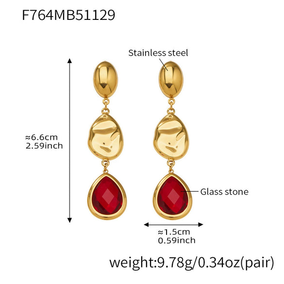 Wholesale Women's Niche Geometric Stainless Steel Faceted Glass Stone Earrings 18K Real Gold Plated