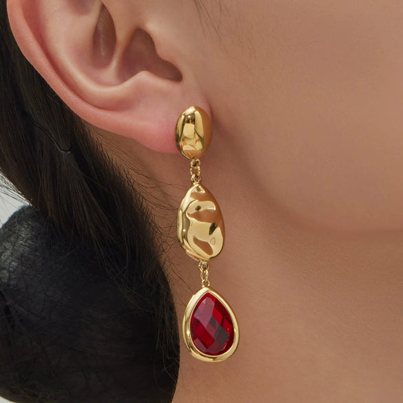 Wholesale Women's Niche Geometric Stainless Steel Faceted Glass Stone Earrings 18K Real Gold Plated