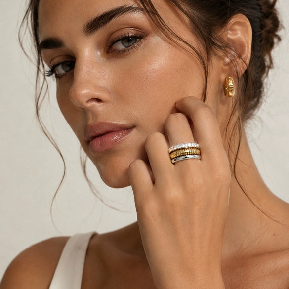 Wholesale Women's Niche Geometric Stainless Steel 18K Gold Plated Polished Threelayer Ring Accessories