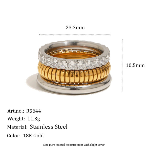 Wholesale Women's Niche Geometric Stainless Steel 18K Gold Plated Polished Threelayer Ring Accessories