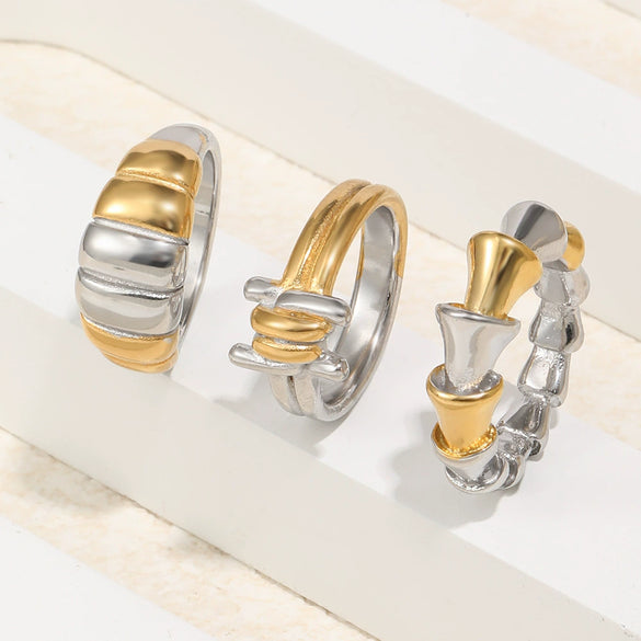 Wholesale Women's Niche Geometric Stainless Steel 18K Goldplated Bread Knot Line Ring Jewelry