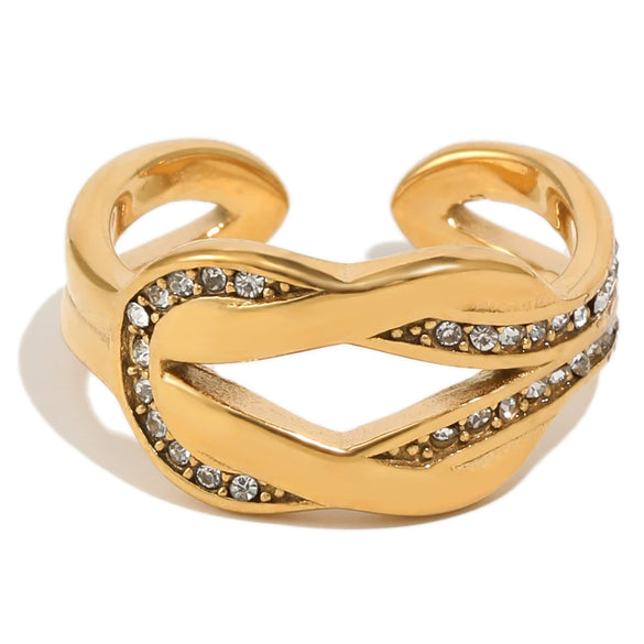 Wholesale Women's Niche Geometric Stainless Steel 18K Goldplated Diamondstudded Knotted Open Ring Accessories