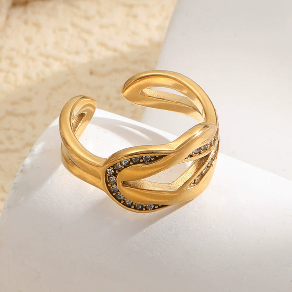 Wholesale Women's Niche Geometric Stainless Steel 18K Goldplated Diamondstudded Knotted Open Ring Accessories