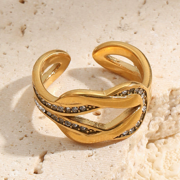 Wholesale Women's Niche Geometric Stainless Steel 18K Goldplated Diamondstudded Knotted Open Ring Accessories