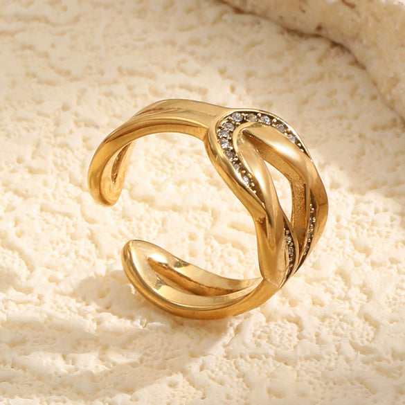 Wholesale Women's Niche Geometric Stainless Steel 18K Goldplated Diamondstudded Knotted Open Ring Accessories