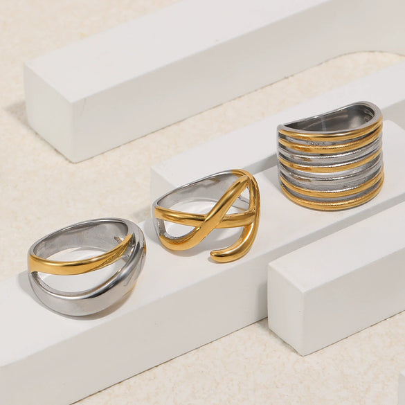 Wholesale Women's Niche Geometric Stainless Steel 18K Goldplated Tube Ring With Cross Design