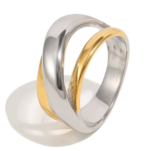 Wholesale Women's Niche Geometric Stainless Steel 18K Goldplated Tube Ring With Cross Design