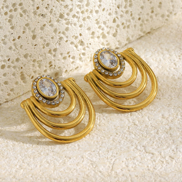 Wholesale Women's Niche Geometric Stainless Steel 18K Goldplated Ushaped Round Zircon Earrings