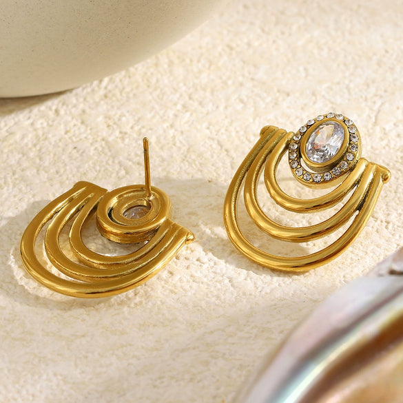 Wholesale Women's Niche Geometric Stainless Steel 18K Goldplated Ushaped Round Zircon Earrings