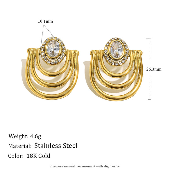 Wholesale Women's Niche Geometric Stainless Steel 18K Goldplated Ushaped Round Zircon Earrings