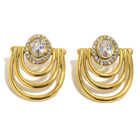 Wholesale Women's Niche Geometric Stainless Steel 18K Goldplated Ushaped Round Zircon Earrings