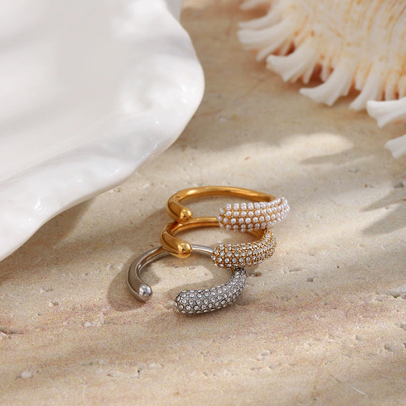 Wholesale Women's Niche Geometric Stainless Steel Openended Ring With Water Drop Shape Microinlaid Pearls And White Diamonds Pvd Furnace Vacuum Real Gold Plated