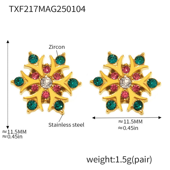 Wholesale Women's Niche Geometric Stainless Steel Zircon Inlaid 18K Gold Plated Ferris Wheel Snowflake Earrings