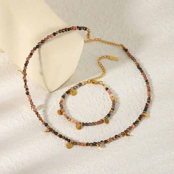 Wholesale Women's Niche Geometric Titanium Steel Round Pendant Beaded Necklace Bracelet Jewelry Set With Electroplating