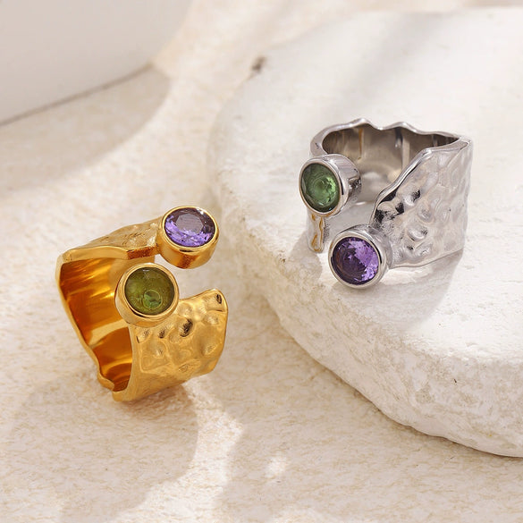 Wholesale Women's Niche Retro Geometric Stainless Steel Electroplated Hammered Texture Open Ring Light Luxury Jewelry
