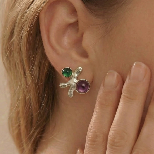 Wholesale Women's Niche Style Geometric Red And Green Gemstone Stainless Steel Goldplated Earrings