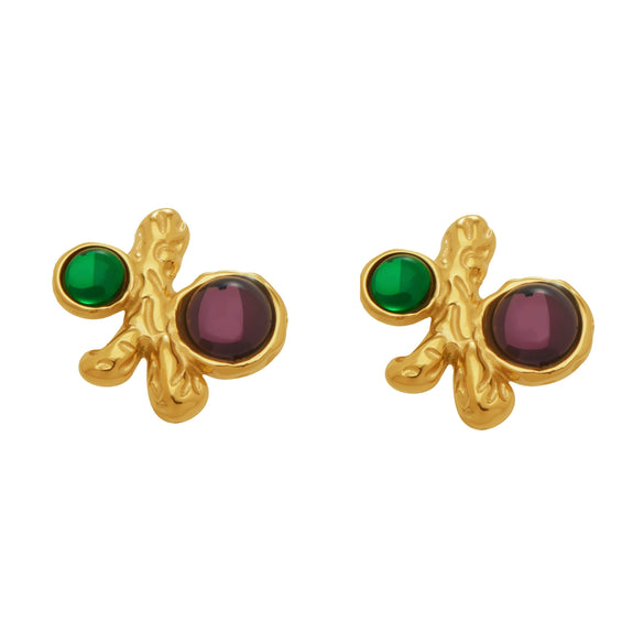 Wholesale Women's Niche Style Geometric Red And Green Gemstone Stainless Steel Goldplated Earrings