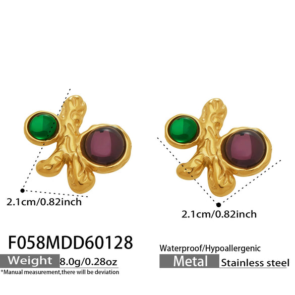 Wholesale Women's Niche Style Geometric Red And Green Gemstone Stainless Steel Goldplated Earrings