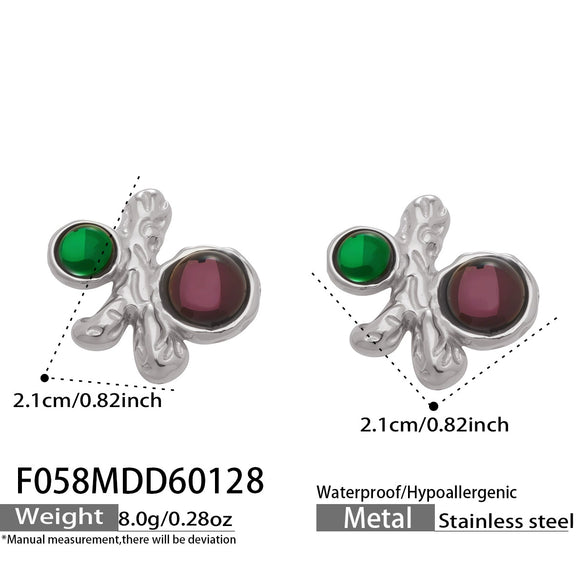 Wholesale Women's Niche Style Geometric Red And Green Gemstone Stainless Steel Goldplated Earrings