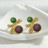 Wholesale Women's Niche Style Geometric Red And Green Gemstone Stainless Steel Goldplated Earrings