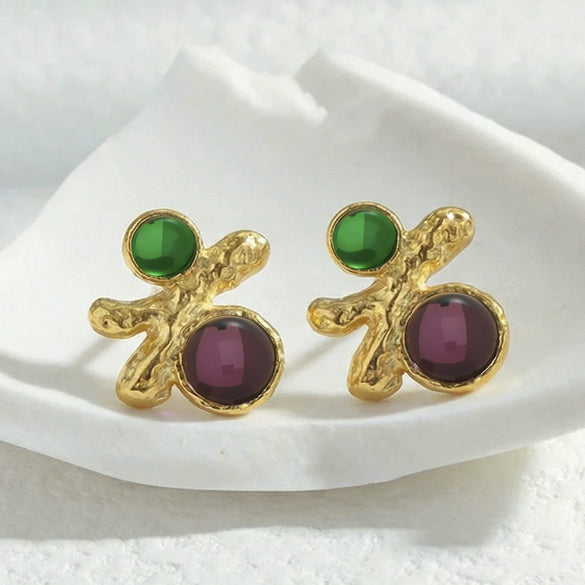 Wholesale Women's Niche Style Geometric Red And Green Gemstone Stainless Steel Goldplated Earrings