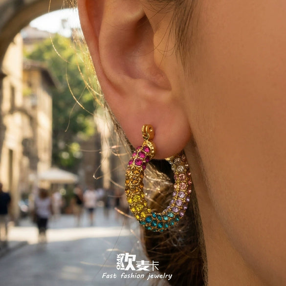 Wholesale Women's Niche Style Geometric Stainless Steel Electroplated Cshaped Diamond Zircon Earring Set