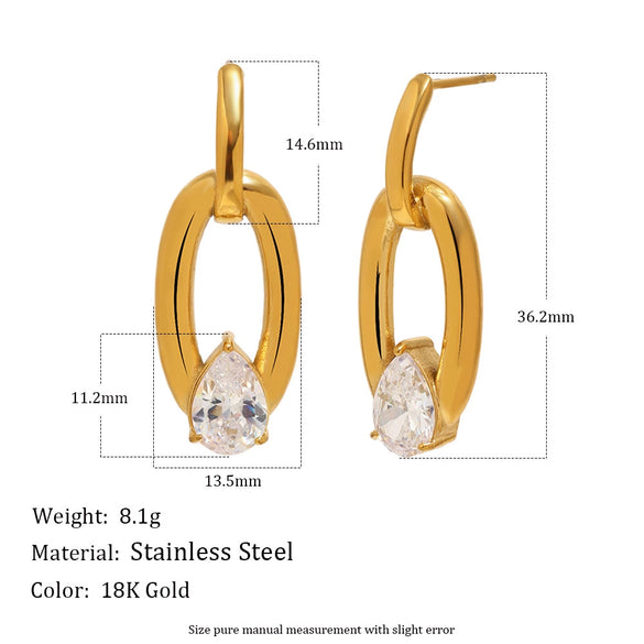 Wholesale Women's Niche Style Geometric Stainless Steel 18K Gold Plated Cast Oval Water Drop Zircon Stud Earrings