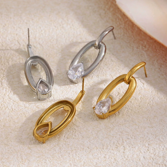 Wholesale Women's Niche Style Geometric Stainless Steel 18K Gold Plated Cast Oval Water Drop Zircon Stud Earrings