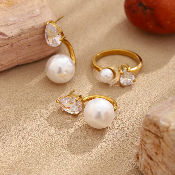 Wholesale Women's Niche Style Geometric Stainless Steel 18K Gold Plated Imitation Pearl Water Drop Zircon Earrings