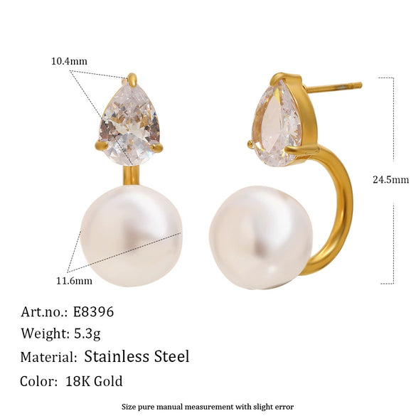 Wholesale Women's Niche Style Geometric Stainless Steel 18K Gold Plated Imitation Pearl Water Drop Zircon Earrings