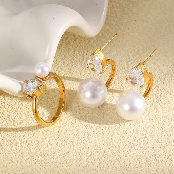 Wholesale Women's Niche Style Geometric Stainless Steel 18K Gold Plated Imitation Pearl Water Drop Zircon Earrings