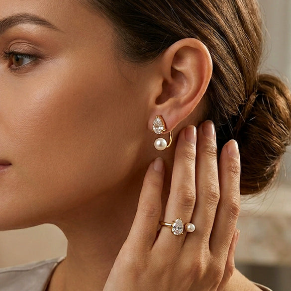 Wholesale Women's Niche Style Geometric Stainless Steel 18K Gold Plated Imitation Pearl Water Drop Zircon Earrings
