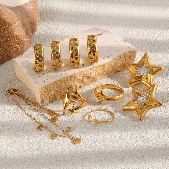 Wholesale Women's Niche Style Geometric Star And Moon Shape Stainless Steel 18K Gold Vacuum Plated Earrings And Fourpointed Star Ring