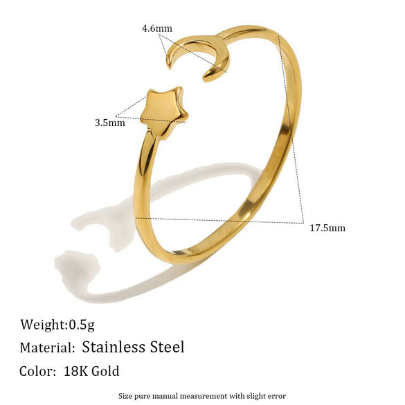 Wholesale Women's Niche Style Geometric Star And Moon Shape Stainless Steel 18K Gold Vacuum Plated Earrings And Fourpointed Star Ring