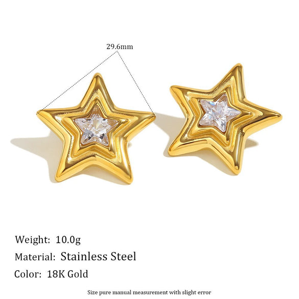 Wholesale Women's Niche Style Geometric Star And Moon Shape Stainless Steel 18K Gold Vacuum Plated Earrings And Fourpointed Star Ring