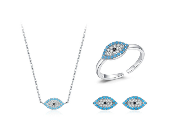 Wholesale Women's Niche Style 925 Sterling Silver Microinlaid Turquoise Devil's Eye Jewelry Set Earrings Necklace