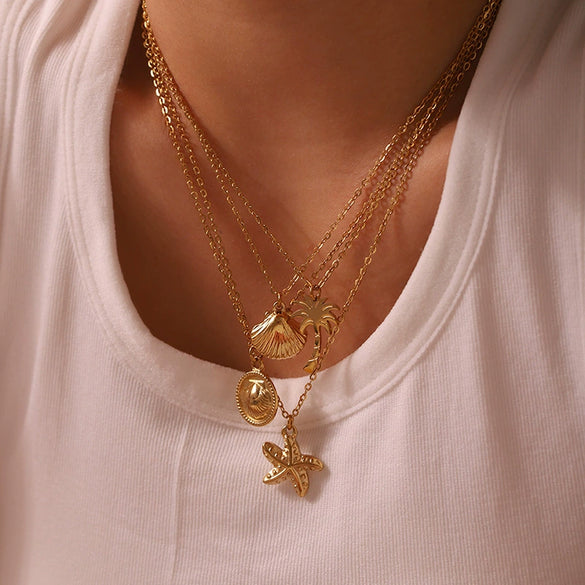 Wholesale Women's Niche Titanium Steel Electroplated Necklace With Shell And Starfish Marine Design