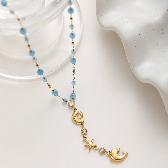 Wholesale Women's Ocean Style Stainless Steel Animal Zodiac Pattern Yshaped Bead Chain 18K Gold Plated Conch Dolphin Zircon Pendant Necklace Jewelry