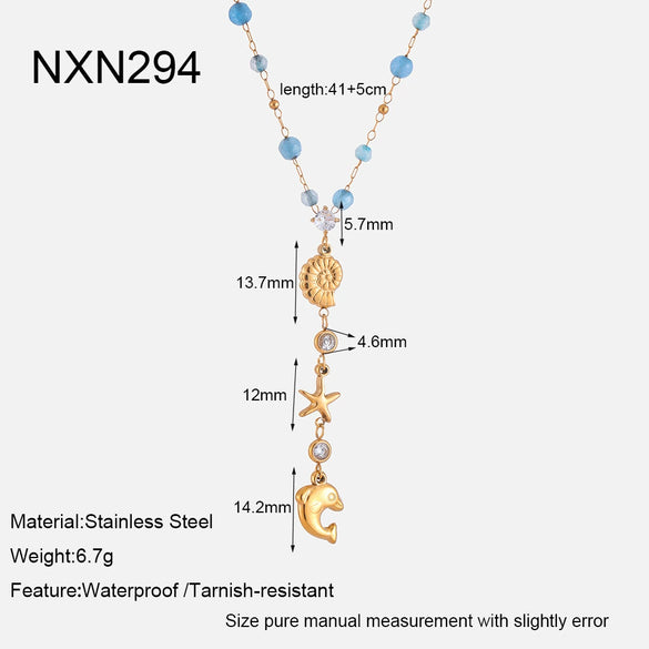 Wholesale Women's Ocean Style Stainless Steel Animal Zodiac Pattern Yshaped Bead Chain 18K Gold Plated Conch Dolphin Zircon Pendant Necklace Jewelry