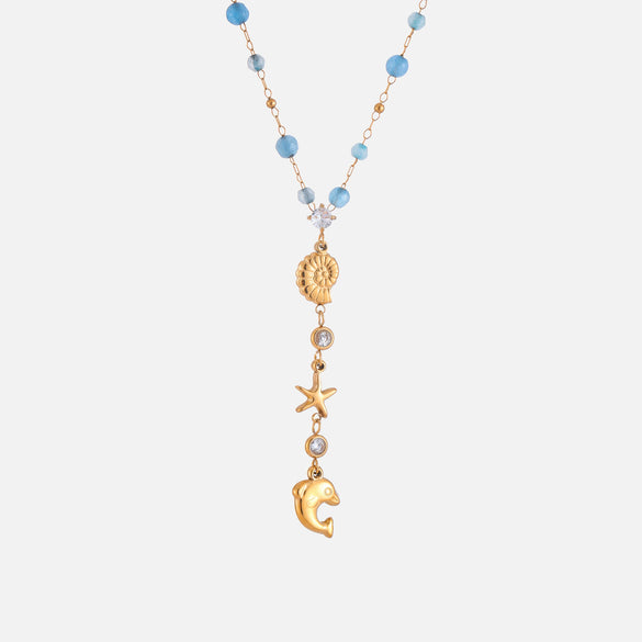 Wholesale Women's Ocean Style Stainless Steel Animal Zodiac Pattern Yshaped Bead Chain 18K Gold Plated Conch Dolphin Zircon Pendant Necklace Jewelry