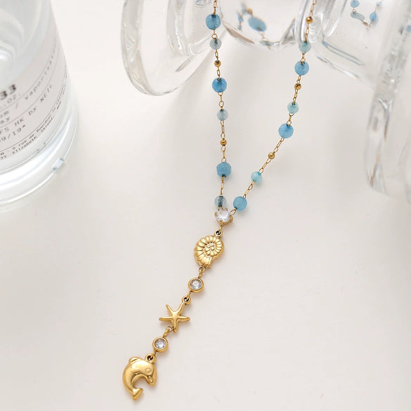 Wholesale Women's Ocean Style Stainless Steel Animal Zodiac Pattern Yshaped Bead Chain 18K Gold Plated Conch Dolphin Zircon Pendant Necklace Jewelry