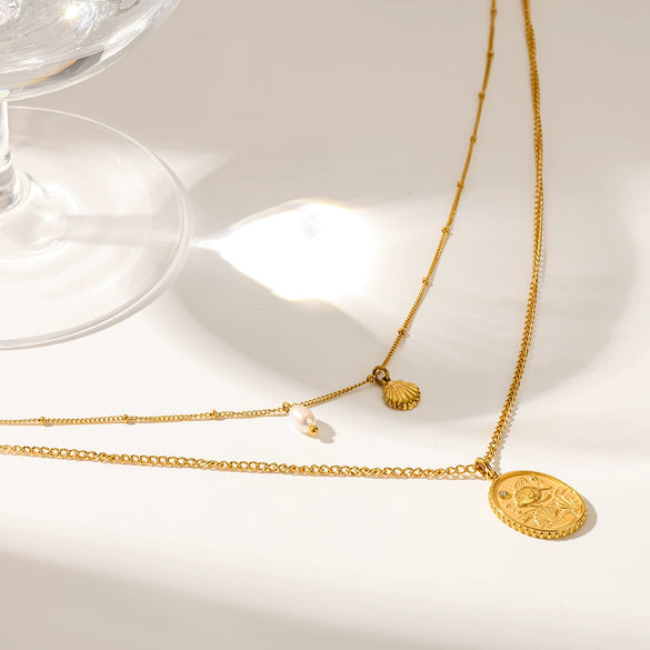 Wholesale Women's Ocean Style Stainless Steel Double Layer Necklace With Animal Zodiac Pattern Real Gold Plated In The Furnace