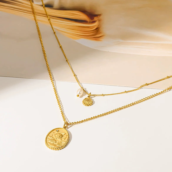 Wholesale Women's Ocean Style Stainless Steel Double Layer Necklace With Animal Zodiac Pattern Real Gold Plated In The Furnace
