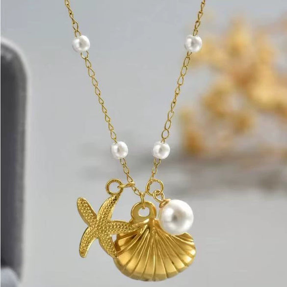 Wholesale Women's Ocean Style Starfish Shell Stainless Steel Electroplated Necklace And Bracelet Set