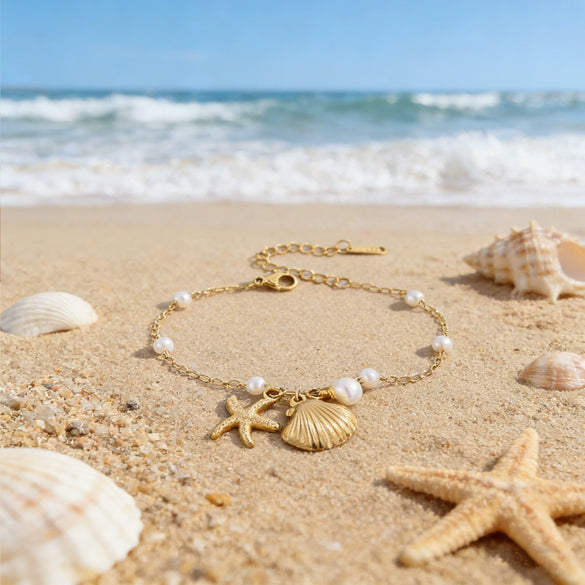 Wholesale Women's Ocean Style Starfish Shell Stainless Steel Electroplated Necklace And Bracelet Set