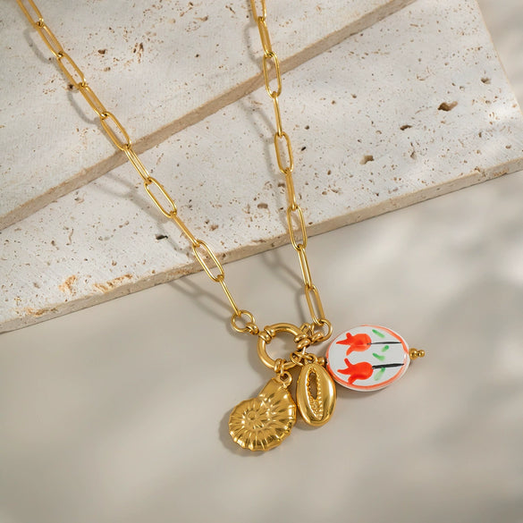 Wholesale Women's Ocean Style Tulip Flowers Enamel Waterproof Non Fading Jewelry In Titanium Steel With Geometric Shape And Pvd Vacuum Real Gold Electroplating