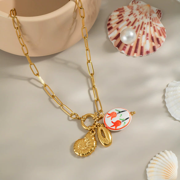 Wholesale Women's Ocean Style Tulip Flowers Enamel Waterproof Non Fading Jewelry In Titanium Steel With Geometric Shape And Pvd Vacuum Real Gold Electroplating