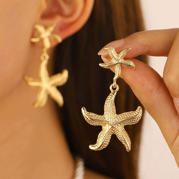 Wholesale Women's Ocean Vacation Style Exaggerated Starfish Earrings In Alloy With Electroplating